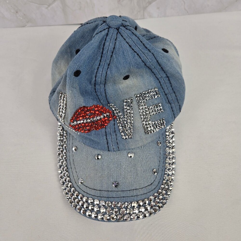 "Love" Denim Blue Baseball Hat 100% Cotton Crystal Embellishment Adjustable Back